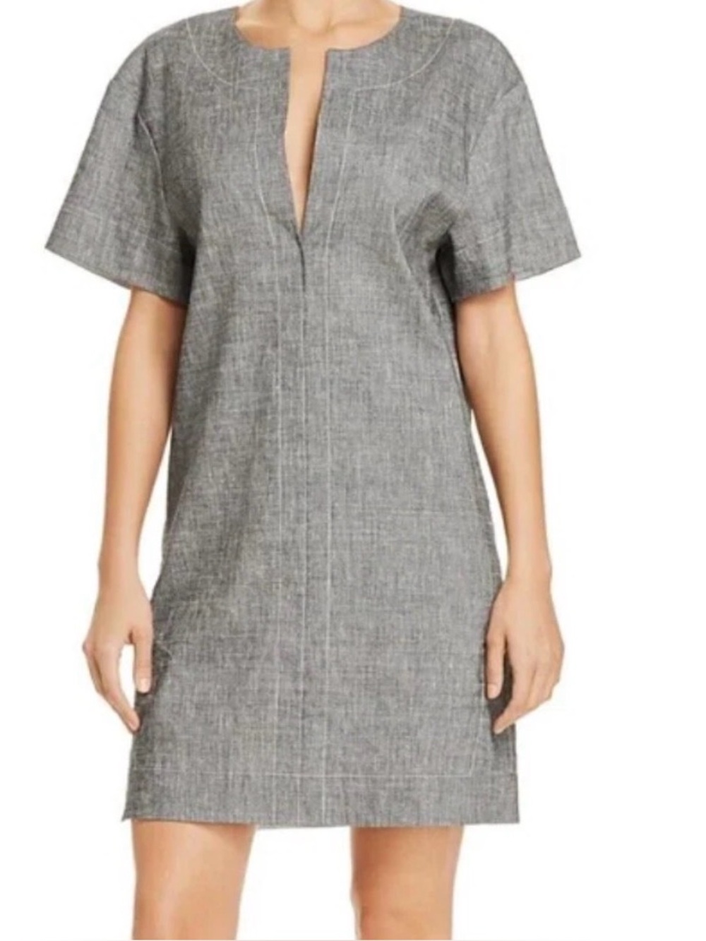 Theory Women's Sharkskin Short-Sleeve Linen Shift Dress in gray
